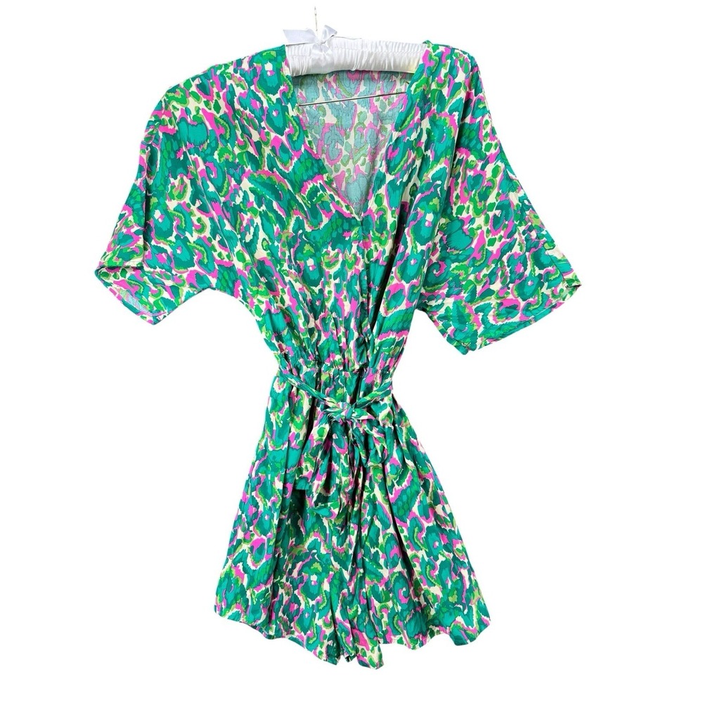CUPSHE Women's XL Green Pink Tropical Romper Kimono Sleeve Tie Waist Boho Resort